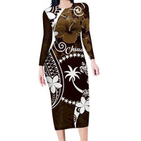 FSM Chuuk Family Matching Long Sleeve Bodycon Dress and Hawaiian Shirt Turtle Tropical Flowers Polynesian - Brown LT14 Mom's Dress Brown - Polynesian Pride