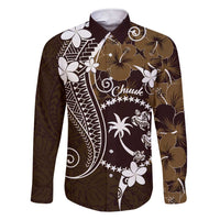 FSM Chuuk Family Matching Short Sleeve Bodycon Dress and Hawaiian Shirt Turtle Tropical Flowers Polynesian - Brown LT14 Dad's Shirt - Long Sleeve Brown - Polynesian Pride