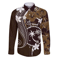 FSM Chuuk Family Matching Tank Maxi Dress and Hawaiian Shirt Turtle Tropical Flowers Polynesian - Brown LT14 Dad's Shirt - Long Sleeve Brown - Polynesian Pride