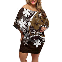 FSM Chuuk Off Shoulder Short Dress Turtle Tropical Flowers Polynesian - Brown LT14 Women Brown - Polynesian Pride