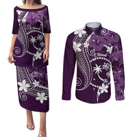 FSM Chuuk Couples Matching Puletasi and Long Sleeve Button Shirt Turtle Tropical Flowers Polynesian - Purple LT14 Purple - Polynesian Pride