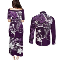 FSM Chuuk Couples Matching Puletasi and Long Sleeve Button Shirt Turtle Tropical Flowers Polynesian - Purple LT14 - Polynesian Pride