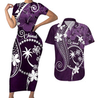 FSM Chuuk Couples Matching Short Sleeve Bodycon Dress and Hawaiian Shirt Turtle Tropical Flowers Polynesian - Purple LT14 Purple - Polynesian Pride