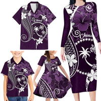 FSM Chuuk Family Matching Long Sleeve Bodycon Dress and Hawaiian Shirt Turtle Tropical Flowers Polynesian - Purple LT14 - Polynesian Pride