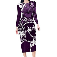 FSM Chuuk Family Matching Long Sleeve Bodycon Dress and Hawaiian Shirt Turtle Tropical Flowers Polynesian - Purple LT14 Mom's Dress Purple - Polynesian Pride
