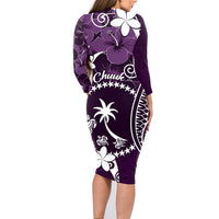 FSM Chuuk Family Matching Long Sleeve Bodycon Dress and Hawaiian Shirt Turtle Tropical Flowers Polynesian - Purple LT14 - Polynesian Pride