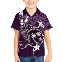 FSM Chuuk Family Matching Off The Shoulder Long Sleeve Dress and Hawaiian Shirt Turtle Tropical Flowers Polynesian - Purple LT14 Son's Shirt Purple - Polynesian Pride