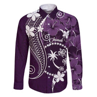 FSM Chuuk Family Matching Off Shoulder Maxi Dress and Hawaiian Shirt Turtle Tropical Flowers Polynesian - Purple LT14 Dad's Shirt - Long Sleeve Purple - Polynesian Pride