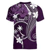 FSM Chuuk Women V-Neck T-Shirt Turtle Tropical Flowers Polynesian - Purple LT14 - Polynesian Pride