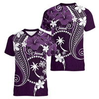 FSM Chuuk Women V-Neck T-Shirt Turtle Tropical Flowers Polynesian - Purple LT14 - Polynesian Pride