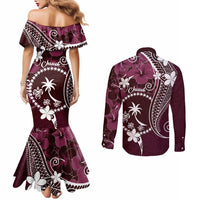 FSM Chuuk Couples Matching Mermaid Dress and Long Sleeve Button Shirt Turtle Tropical Flowers Polynesian - Pink LT14 - Polynesian Pride