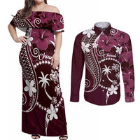 FSM Chuuk Couples Matching Off Shoulder Maxi Dress and Long Sleeve Button Shirt Turtle Tropical Flowers Polynesian - Pink LT14 Pink - Polynesian Pride