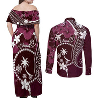 FSM Chuuk Couples Matching Off Shoulder Maxi Dress and Long Sleeve Button Shirt Turtle Tropical Flowers Polynesian - Pink LT14 - Polynesian Pride