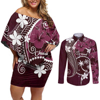 FSM Chuuk Couples Matching Off Shoulder Short Dress and Long Sleeve Button Shirt Turtle Tropical Flowers Polynesian - Pink LT14 Pink - Polynesian Pride