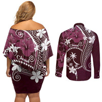 FSM Chuuk Couples Matching Off Shoulder Short Dress and Long Sleeve Button Shirt Turtle Tropical Flowers Polynesian - Pink LT14 - Polynesian Pride