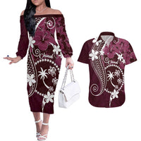FSM Chuuk Couples Matching Off The Shoulder Long Sleeve Dress and Hawaiian Shirt Turtle Tropical Flowers Polynesian - Pink LT14 Pink - Polynesian Pride