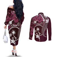 FSM Chuuk Couples Matching Off The Shoulder Long Sleeve Dress and Long Sleeve Button Shirt Turtle Tropical Flowers Polynesian - Pink