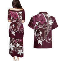 FSM Chuuk Couples Matching Puletasi and Hawaiian Shirt Turtle Tropical Flowers Polynesian - Pink