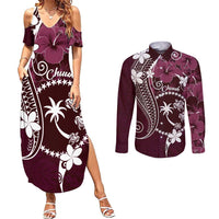 FSM Chuuk Couples Matching Summer Maxi Dress and Long Sleeve Button Shirt Turtle Tropical Flowers Polynesian - Pink LT14 Pink - Polynesian Pride