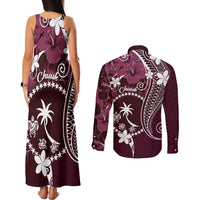 FSM Chuuk Couples Matching Tank Maxi Dress and Long Sleeve Button Shirt Turtle Tropical Flowers Polynesian - Pink LT14 - Polynesian Pride