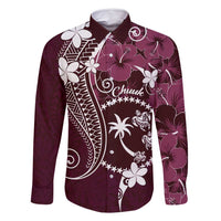FSM Chuuk Family Matching Off Shoulder Maxi Dress and Hawaiian Shirt Turtle Tropical Flowers Polynesian - Pink LT14 Dad's Shirt - Long Sleeve Pink - Polynesian Pride