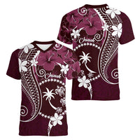 FSM Chuuk Women V-Neck T-Shirt Turtle Tropical Flowers Polynesian - Pink