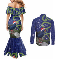 Personalized New Zealand Pukeko Christmas Couples Matching Mermaid Dress and Long Sleeve Button Shirt Meri Kirihimete Taniko Ponga Koru Blue - Polynesian Pride