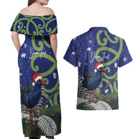 Personalized New Zealand Pukeko Christmas Couples Matching Off Shoulder Maxi Dress and Hawaiian Shirt Meri Kirihimete Taniko Ponga Koru Blue - Polynesian Pride