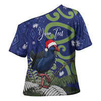 Personalized New Zealand Pukeko Christmas Cross Shoulder Shirt Meri Kirihimete Taniko Ponga Koru Blue - Polynesian Pride