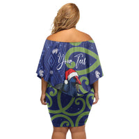 Personalized New Zealand Pukeko Christmas Family Matching Off Shoulder Short Dress and Hawaiian Shirt Meri Kirihimete Taniko Ponga Koru Blue - Polynesian Pride