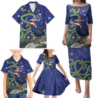Personalized New Zealand Pukeko Christmas Family Matching Puletasi and Hawaiian Shirt Meri Kirihimete Taniko Ponga Koru Blue - Polynesian Pride