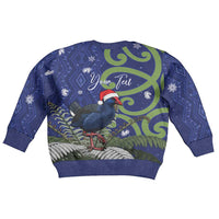Personalized New Zealand Pukeko Christmas Kid Ugly Christmas Sweater Meri Kirihimete Taniko Ponga Koru Blue - Polynesian Pride