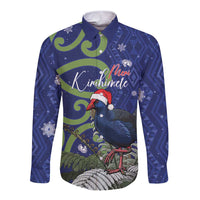 Personalized New Zealand Pukeko Christmas Long Sleeve Button Shirt Meri Kirihimete Taniko Ponga Koru Blue - Polynesian Pride