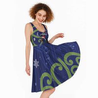 Personalized New Zealand Pukeko Christmas Midi Dress Meri Kirihimete Taniko Ponga Koru Blue - Polynesian Pride