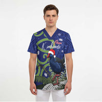 Personalized New Zealand Pukeko Christmas Scrub Top Meri Kirihimete Taniko Ponga Koru Blue - Polynesian Pride