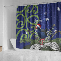 Personalized New Zealand Pukeko Christmas Shower Curtain Meri Kirihimete Taniko Ponga Koru Blue - Polynesian Pride