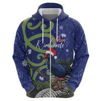 Personalized New Zealand Pukeko Christmas Zip Hoodie Meri Kirihimete Taniko Ponga Koru Blue - Polynesian Pride