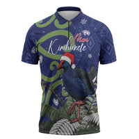 Personalized New Zealand Pukeko Christmas Zipper Polo Shirt Meri Kirihimete Taniko Ponga Koru Blue - Polynesian Pride