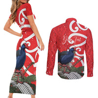 Personalized New Zealand Pukeko Christmas Couples Matching Short Sleeve Bodycon Dress and Long Sleeve Button Shirt Meri Kirihimete Taniko Ponga Koru Red - Polynesian Pride