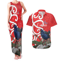 Personalized New Zealand Pukeko Christmas Couples Matching Tank Maxi Dress and Hawaiian Shirt Meri Kirihimete Taniko Ponga Koru Red - Polynesian Pride