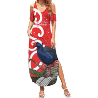 Personalized New Zealand Pukeko Christmas Summer Maxi Dress Meri Kirihimete Taniko Ponga Koru Red - Polynesian Pride