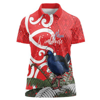 Personalized New Zealand Pukeko Christmas Women Polo Shirt Meri Kirihimete Taniko Ponga Koru Red LT14 Female Red - Polynesian Pride