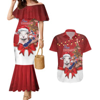 Personalized New Zealand Sheep Christmas Couples Matching Mermaid Dress and Hawaiian Shirt Hipi Meri Kirihimete Silver Fern Xmas Tree - Polynesian Pride