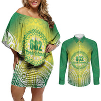 Cook Islands 682 Couples Matching Off Shoulder Short Dress and Long Sleeve Button Shirt Kuki 'Airani Area Code Proud LT14 Green - Polynesian Pride