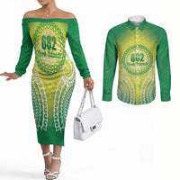 Cook Islands 682 Couples Matching Off The Shoulder Long Sleeve Dress and Long Sleeve Button Shirt Kuki 'Airani Area Code Proud LT14 Green - Polynesian Pride