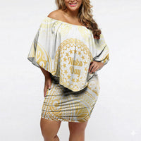 Cook Islands Gospel Day Off Shoulder Short Dress Happy Nuku Day Tiare Maori Gold LT14 Women Gold - Polynesian Pride