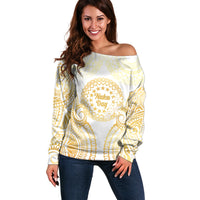 Cook Islands Gospel Day Off Shoulder Sweater Happy Nuku Day Tiare Maori Gold LT14 Women Gold - Polynesian Pride