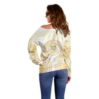 Cook Islands Gospel Day Off Shoulder Sweater Happy Nuku Day Tiare Maori Gold LT14 - Polynesian Pride