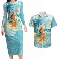 Ura Cook Islands Couples Matching Long Sleeve Bodycon Dress and Hawaiian Shirt Kuki 'Airani Traditional Dance Tropical Vibes LT14 Cyan - Polynesian Pride