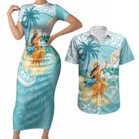Ura Cook Islands Couples Matching Short Sleeve Bodycon Dress and Hawaiian Shirt Kuki 'Airani Traditional Dance Tropical Vibes LT14 Cyan - Polynesian Pride